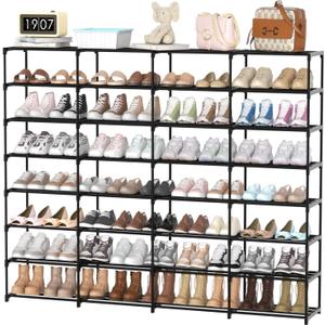 Large Shoe Rack Organizer, 4-Row 8-Tier Tall Shoe Storage Shelf for Closet, Entryway, Garage, Metal Free Standing Shoe Holder for 56-64 Pairs Shoes, Sturdy Stackable Shoe Stand for Bedroom