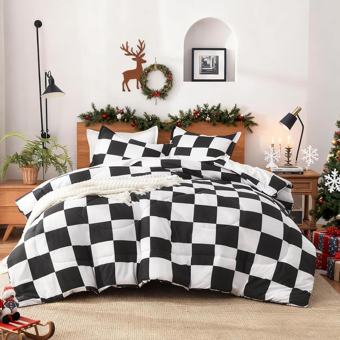 Andency Checkered Comforter Twin(66x90Inch), Black White Plaid Gingham Bed Set for Teen Boys Kids, Lightweight Microfiber Geometric Preppy Bedding, 2 Pieces