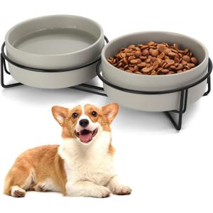 Ceramic Dog and Cat Bowl Set with Stand, 1.7 Cups Dog Food and Water Bowl Suitable for Small and Medium Pets (13.5oz Dark Gray)
