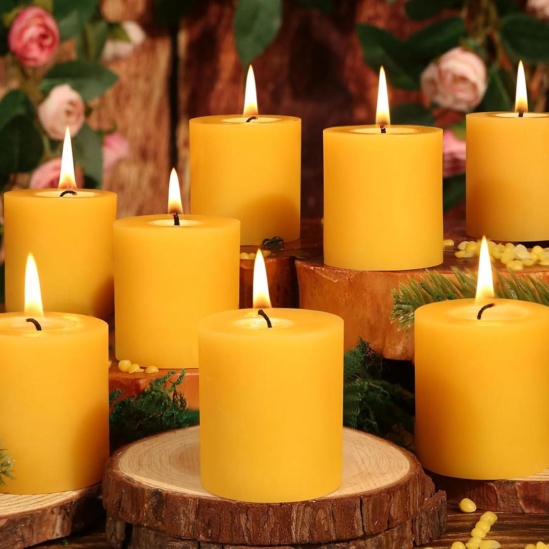 12 Pack Natural Beeswax Pillar Candles,2x2in 100% Pure Beeswax Candles-240 Hours Long Burning,Unscented Bees Wax Candles for Home,Prayer, Emergency, Dripless Smokeless Organic Pillar Candles Bluk, Yellow