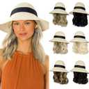 Sun Hat with Hair Extensions Hat Wig UPF 50+ Foldable Wide Brim Straw Beach Hat Attached 9" Wavy Hairpiece Synthetic for Women Summer Dark Black