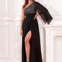 Women's Formal Evening Gowns Dress Long One Shoulder Sparkly Sequin Chiffon Split Cocktail Wedding Guest Ball Dresses (Black, M)