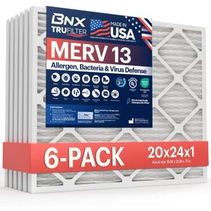 BNX TruFilter 20x24x1 Air Filter MERV 13 AC Filter, HVAC Furnace Filter, 6 Pack (ACTUAL SIZE 19.69"x24.69"x0.75") Allergies, Dust, Pet Dander & Smoke - MADE IN USA - MPR1500 / FPR 10