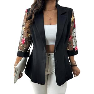 WDIRARA Women's Plus Size Floral Embroidered Mesh Button Down Blazer 3/4 Sleeve Collared Suit Jackets, Black 3X-Large Plus 