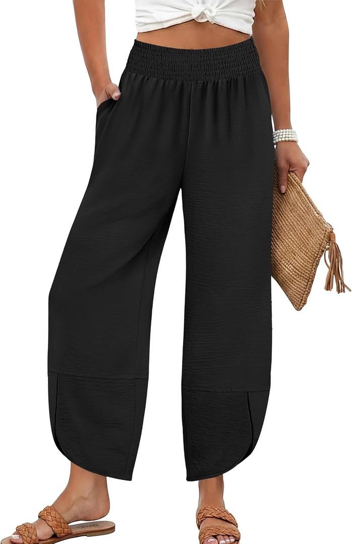 Lepunuo Womens Baggy Wide Leg Pants Summer High Waisted Palazzo Pants Beach Vacation 2026 Casual Trousers with Pockets (Black, XL)