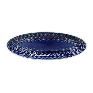 Euro Ceramica Peacock Collection Crackleglaze Serveware Trays, 13" Oval Appetizer Platter, Feather Geometric Pattern, Blue