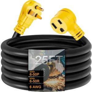 25ft 50 Amp Welder Extension Cord, NEMA 6-50 STW 6AWG/3C Heavy Duty Industrial Welder Cord, 250 Volts, 12500 Watts, for Hobart, Lincoln, Miller Welder & EV Charger, ETL Listed