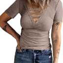 Women Casual Short Sleeve Tunic Tops V-Neck T Shirts Criss Cross Ribbed Slim Fitted Blouse (Small, Coffee)