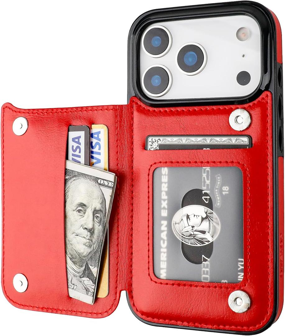 ONETOP Compatible with iPhone 17 Pro Wallet Case with Card Holder, PU Leather Kickstand Card Slots Case, Double Magnetic Clasp and Durable Shockproof Cover 6.3 Inch (Red)