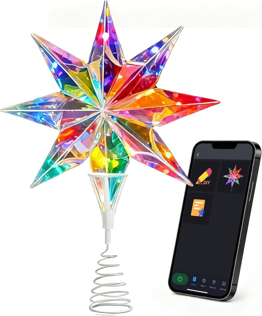 Smart Christmas Tree Topper, 15.5 Inch 3D Holographic Bethlehem Star Tree Topper, App and Remote Control, RGB Color Changing, Music Sync, Dimmable for Xmas Tree Home Party Decor