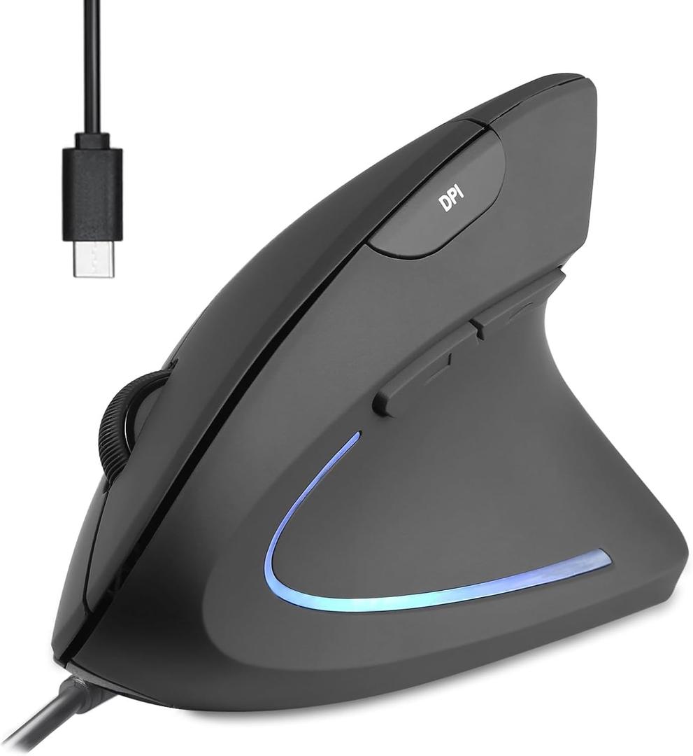 Perixx PERIMICE-513C Wired Vertical USB-C Mouse, 6 Buttons, Adjustable 1000/1600 DPI, Right-Handed, 5.9ft Cable, Black