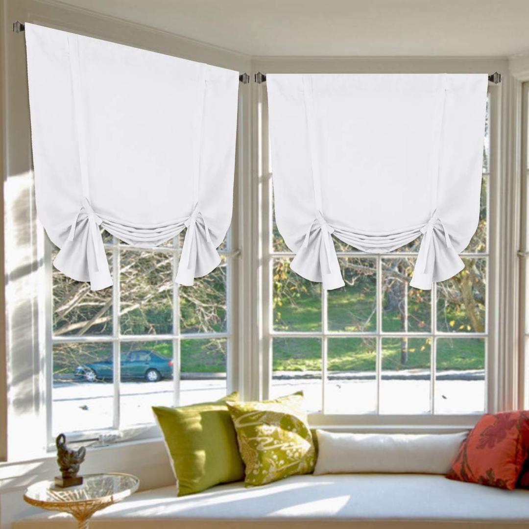 H.VERSAILTEX Pure White Curtains Thermal Insulated Tie Up Window Shade Light Reducing Curtains for Kitchen, Rod Pocket 2 Panels - 42" Wide by 63" Long