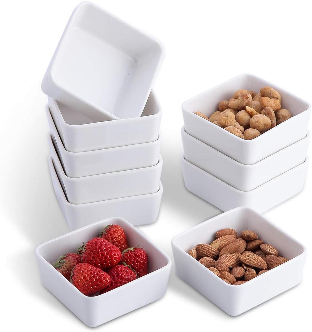 3.5 Inch Square Ramekins Set of 10, 6 oz Porcelain Ramekins for Baking, Creme Brulee Dish, Souffle Cups, Appetizer Cups, Dipping Sauce Dish, Custard Dish, Pudding Cups, White