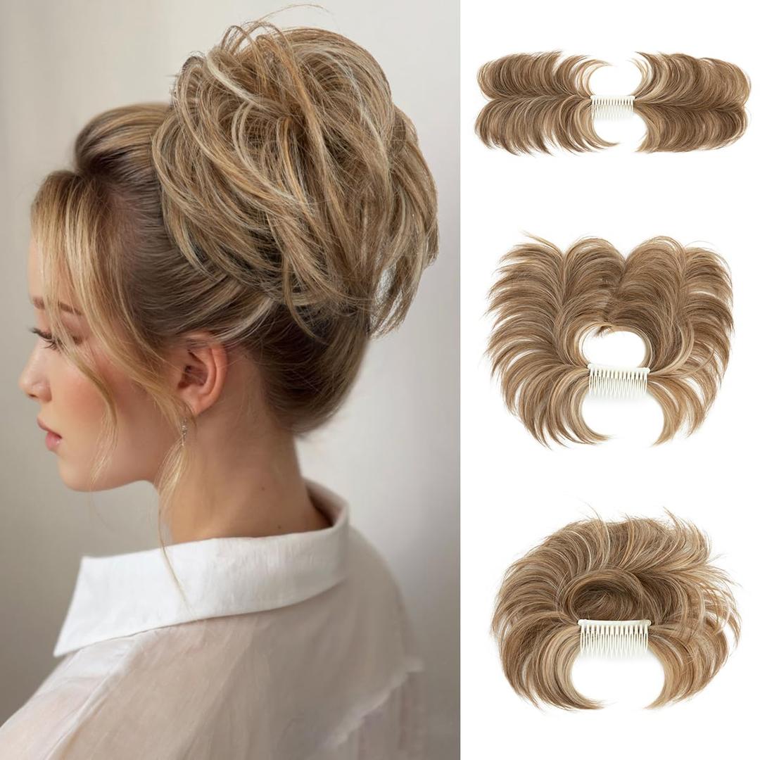 Messy Bun Hair Piece Side Comb Clip in Hair Bun Hairpiece for Women Short Natural Straight Versatile Adjustable Styles Easy Hair pieces Beige Multi-S