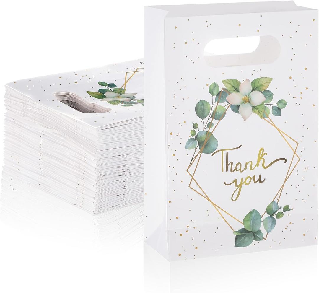 60 Pcs Greenery Eucalyptus Thank You Gift Bags With Handles - Paper Bags Bulk for Business, Party, Merchandise, Boutique, Wedding, Birthday