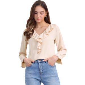 Allegra K Women's Ruffle Blouse for Business Work Elegant V Neck Long Sleeve Casual Dressy Top (Light Beige), Medium