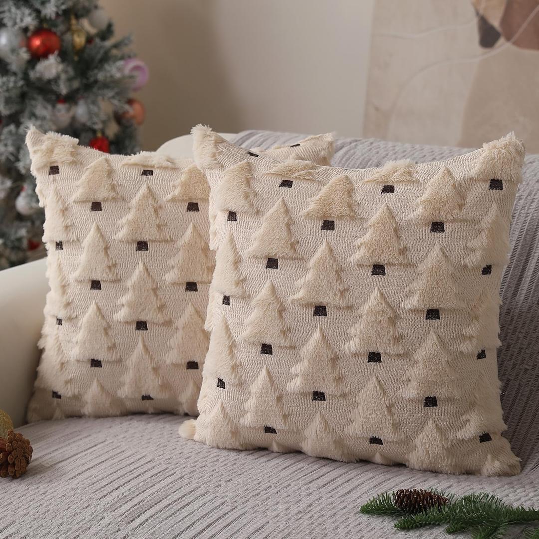 Allorry Christmas Pillow Covers 18x18 inch Set of 2 Xmas Decorations Soft Plush Faux Fur Wool Beige Christmas Tree Throw Pillow Cases Winter Holiday Decor for Sofa Living Room PT-002C18