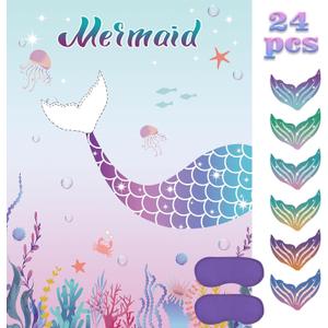 Pin The Tail on The Mermaid Party Game with 24 PCS Tails for Kids Girls Birthday 21'' x 28'' (Mermaid)
