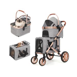 HOVONO Double Dog Stroller for 2 Small & Medium Dogs/Cats Up to 60 lbs | 3-in-1 Pet Stroller with Detachable Carrier, Lightweight Aluminum Alloy, Foldable Frame, Rubber Wheels with Suspension