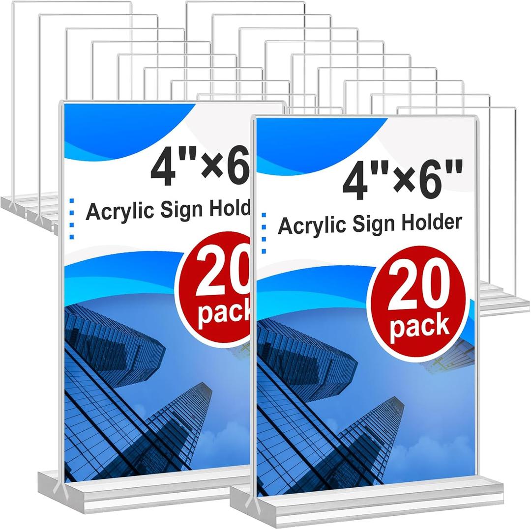 Acrylic Sign Holder 4x6, 20 Pack Clear Table Vertical Double Sided Table Menu Display, Plastic Desktop Picture Frames Stand Acrylic Paper Holder Tabletop Sign Holder for Wedding Office Show Fair, Vertical 20 Pack 4x6''