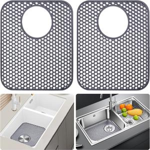 LONGFITE Sink Protector Mats 2 Pcs Silicone Kitchen Sink Mat Draining Heat Proof Mat with Rear Center Drain (Rear Drain)