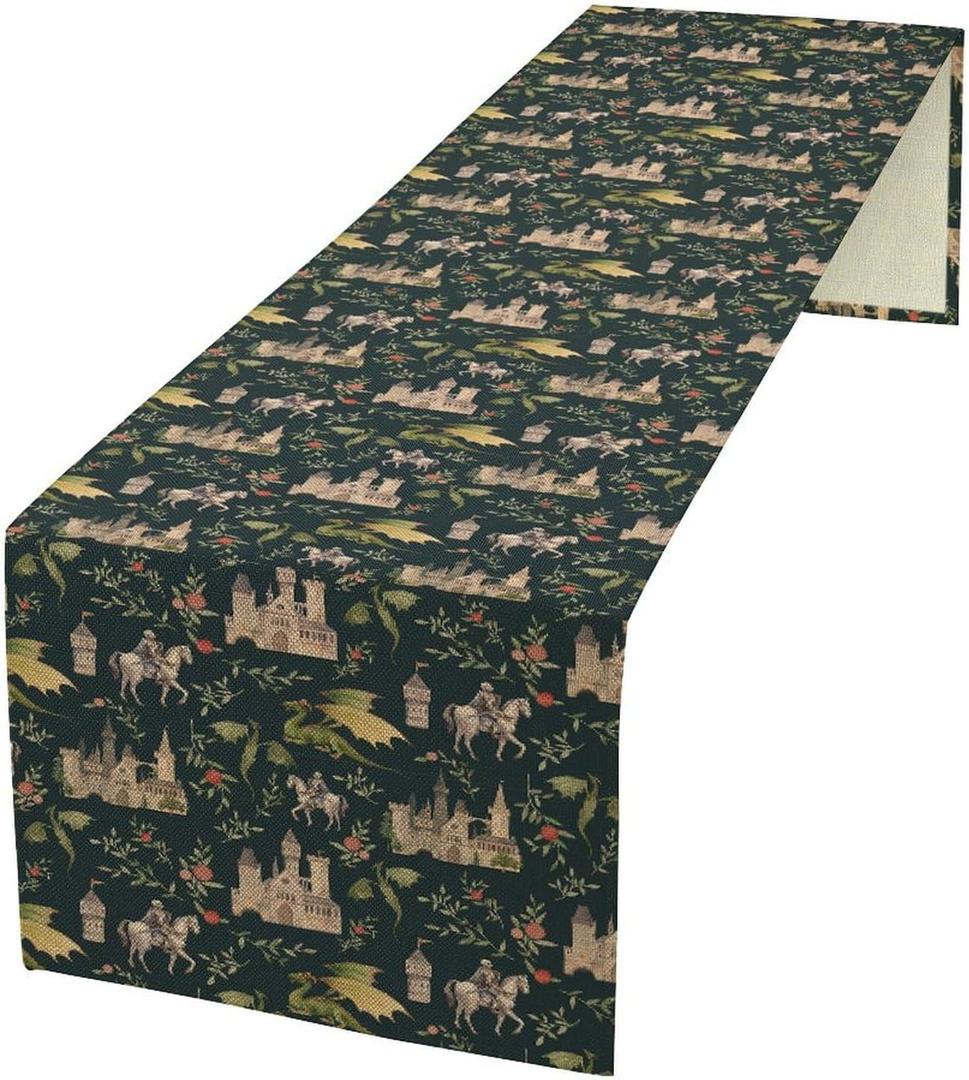 Dragon Table Runner, Magical Medieval Castle Dragon Knights and Floral Pattern for Home Kitchen Table Decor Dining Coffee Room Party Decor 13x36in (Style-21)