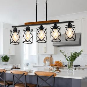Farmhouse Dining Room Light Fixture: Modern 5-Light Kitchen Island Hanging Lighting with Metal Lampshade, Matte Black Industrial Linear Chandelier Over Table
