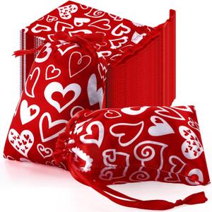 Aliceset 50 Pcs Valentine's Day Heart Gift Bags with Drawstring 5 x 7 Inch Lover Drawstring Satin Bags Jewelry Pouches for Wedding Baby Shower Party Favors DIY Craft (Red)