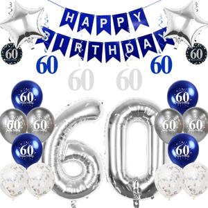 Silver 60th Birthday Decorations for Men Women, Number 60 Balloons | 16-balloon kit: two 32in Number 60 foil balloons, banner, star, latex & confetti balloons, glitter swirls; air or helium