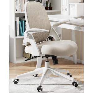 Hbada Office Desk Chair with Flip-Up Armrests and Saddle Cushion, Ergonomic Office Chair with S-Shaped Backrest, Swivel, Mesh, Grey