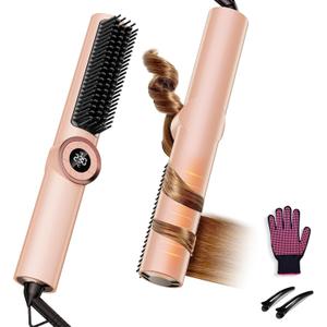 Hair Straightener Brush Portable: Ionic Curling & Straightening Brush with Fast Heating, Reduce Damage & Anti-Scald, Gold