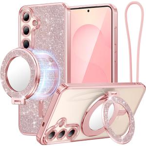 Meifgino Magnetic Case with Removable Phone Ring Stand for Samsung Galaxy S25 Plus, [Glitter Card & Wrist Strap] [MagSafe Compatible] [Built in Mirror] Phone Ring Stand + Phone Case Kit, Rose Gold