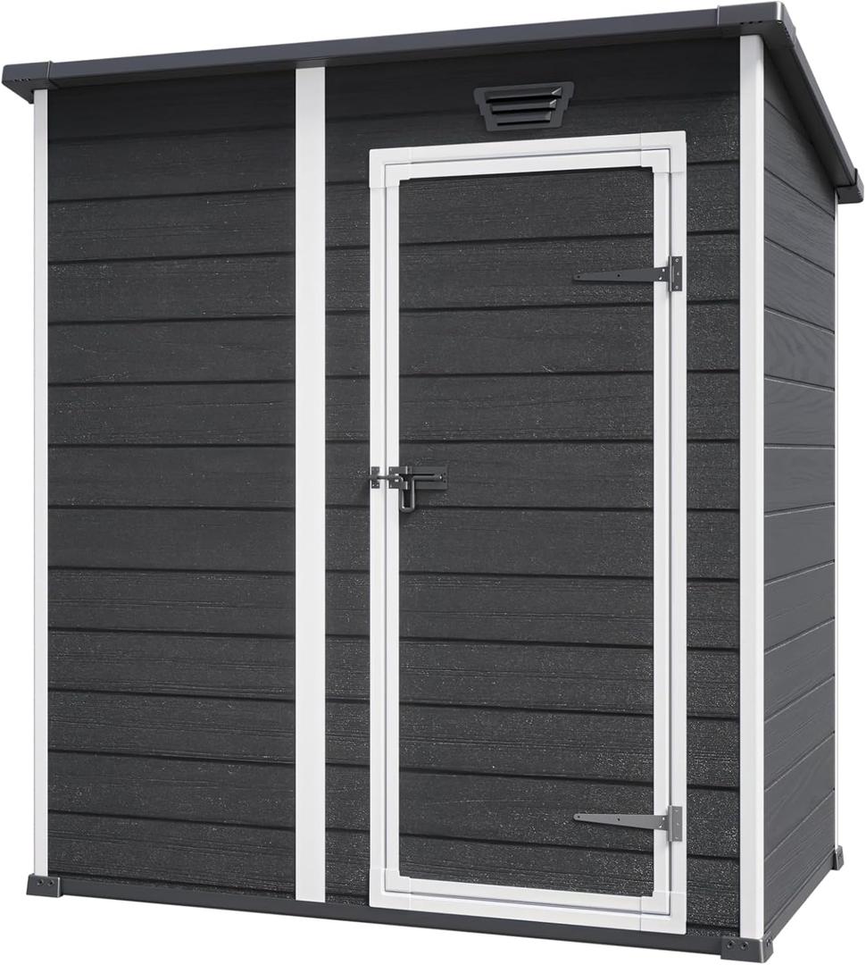 Keter Essential Shed 4x6 Resin Outdoor Storage Shed Ideal Storage for Patio Furniture, Garden Tools Bike Accessories, Beach Chairs and Lawn Mower, Black and White