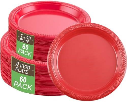 WELLIFE 120Pcs Red Plastic Dinnerware Set, Include 60pcs 9inch Dinner Plates and 60pcs 7inch Dessert Plates,Red Plastic Plates