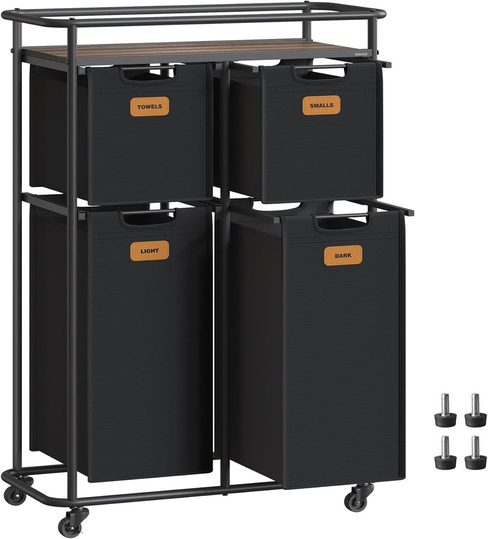 VASAGLE Laundry Sorter, Laundry Hamper with Wheels, 39.6 Gal. (150 L) Portable Rolling Cart Baskets with Shelf, 4 Removable Liners and 6 Labels, Ink Black and Chestnut Brown URLS100B01
