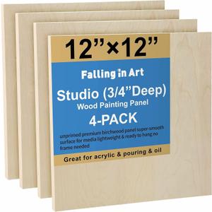 Falling in Art Unfinished Birch Wood Canvas Panels Kit, 4 Pack of 12x12 Studio 3/4 Deep Cradle Boards for Pouring Art, Crafts, Painting and More