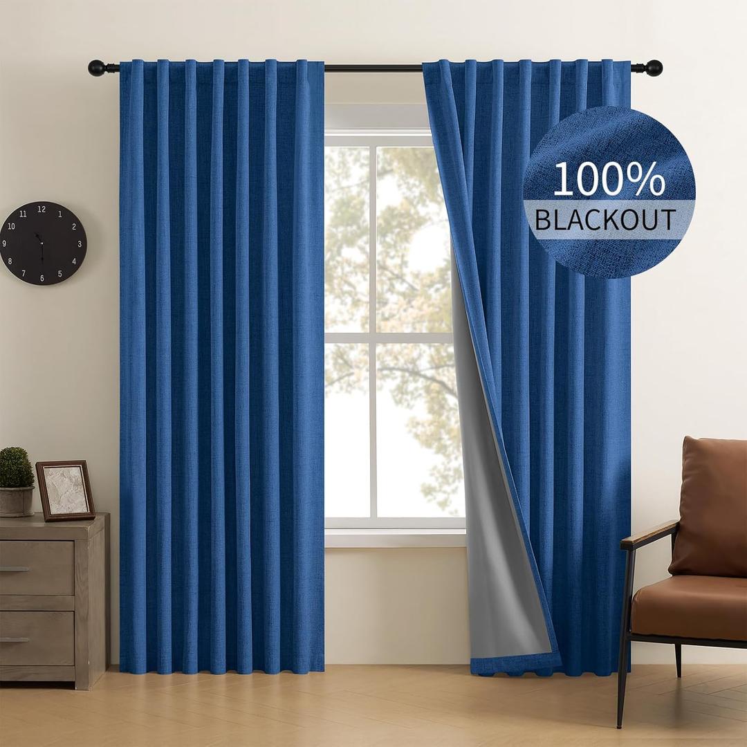 CUCRAF Linen 100% Blackout Curtains 90 Inch Length 2 Panels Set, Back Tab and Rod Pocket Curtain for Living Room Bedroom, Room Darkening Window Drapes Thermal Insulated, (52x90 inch, Navy Blue)