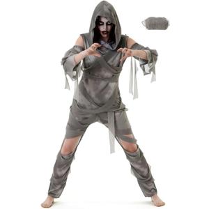 Mepase 4 Pcs Halloween Mummy Costume Zombie Costume for Men Women, Include Top Pants Sleeves Bandage Mummy Wrap Cosplay (Medium, Gray)