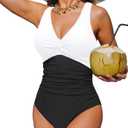 Holipick Women Tummy Control One Piece Swimsuit - Push Up Bathing Suit Full Coverage Slimming Swimwear (Large, Black/White)