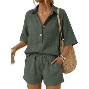 LILLUSORY Women 2 Piece Linen-feel Short Set Summer Outfit, Army Green Small