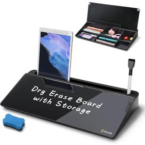 SELEAD Desktop Glass Whiteboard with Organizer, Markers, Eraser - Dry Erase Board Computer Pad Keyboard Stand with Drawer and Holder for Home, School, Office - Black (Black-basic Style)