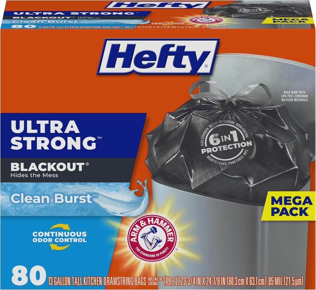 Hefty Ultra Strong Trash Bags, Black Tall Kitchen Trash Bags 13 Gallon Size, Break Resistant Drawstring Enclosure, Continuous Odor Control, Blackout, Clean Burst Scent, 80 Bags