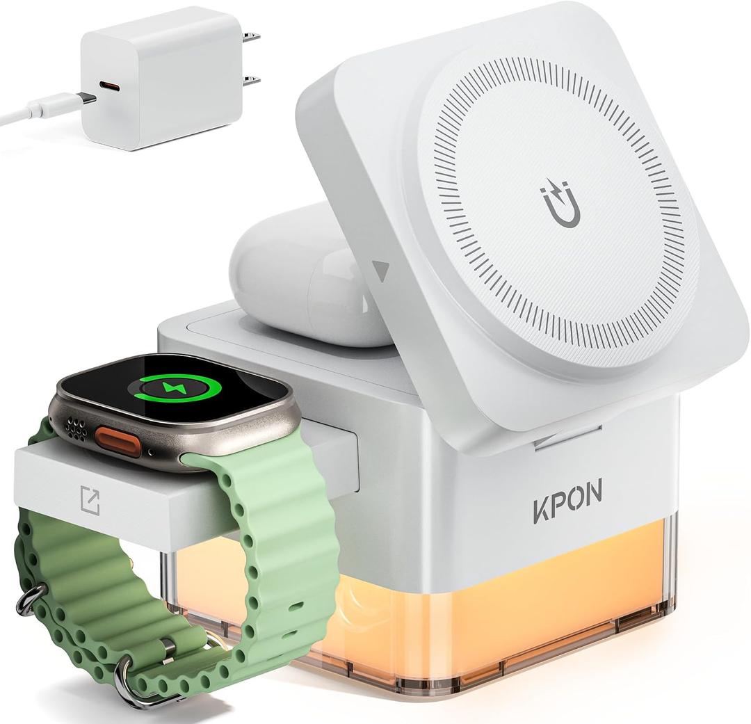 KPON 3 in 1 MagSafe-Compatible Charging Station for Apple, Nightstand Fast Wireless Charger, Foldable Cube, Charging Stand with Night Light, for iPhone 17/16/15/14/13/12, Apple Watch/AirPods, White
