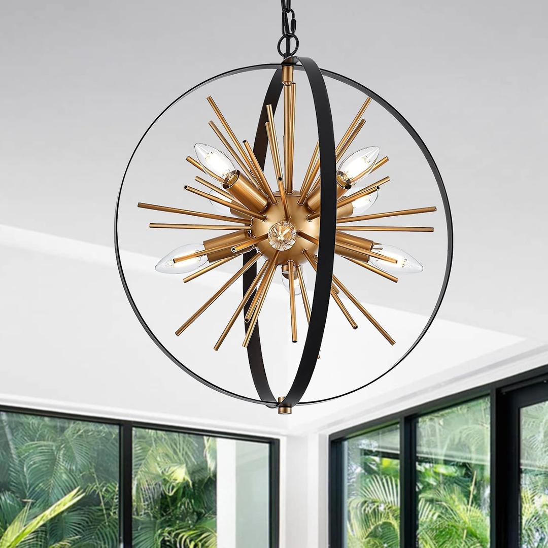Black Gold Sputnik Chandelier, Starburst Firework Pendant Light fixtures, D18" x H20" 8-Light Sputnik