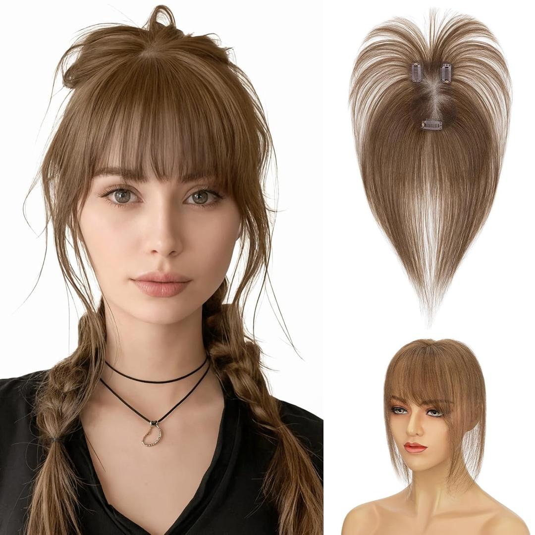 Hairro Clip In Bangs Short Hair Toppers For Women 3D Cover Remy Human Hair Wispy Thin Topper Hairpieces Clip On Fake Air Bang 11 Inches 14g #04 (Medium, Brown)