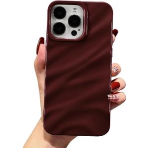 QLTYPRI Compatible with iPhone 15 Pro Max Case, Cute Wave Water Ripple Pattern Case for Girls Women, Slim Satin Glossy Soft Silicone TPU Bumper Shockproof Protective Phone Cover - Wine Red