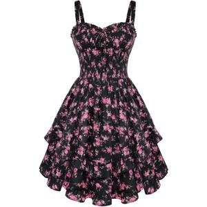 Scarlet Darkness Smocked Floral Sundresses for Women Teens 2026 Summer Flowy Ruffle Mini Dress (X-Large, Black Pink Floral)