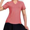 MIER Womens Collarless Golf Polo V Neck Short Sleeve Cooling Tops | Mesh Stripe Ventilation, Moisture Wicking Stretch Fabric, Henley V-Cut Placket, Tulip Hem, Machine Washable