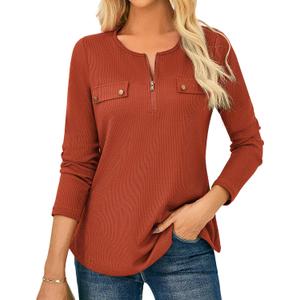 GRACE KARIN Waffle Knit Tops for Women, Long Sleeve Shirts Dressy Casual Tunic Tops, 2025 Fall Work Blouses with Zipper (XX-Large, Caramel)