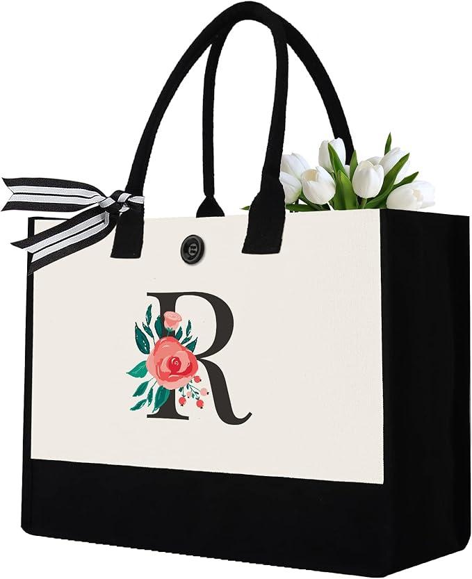Initial Canvas Tote Bag, Personalized Birthday Gifts for Women Mom Friends Teachers, Monogrammed Tote Bags Suitable for Mother's Day Wedding Beach (Letter R)